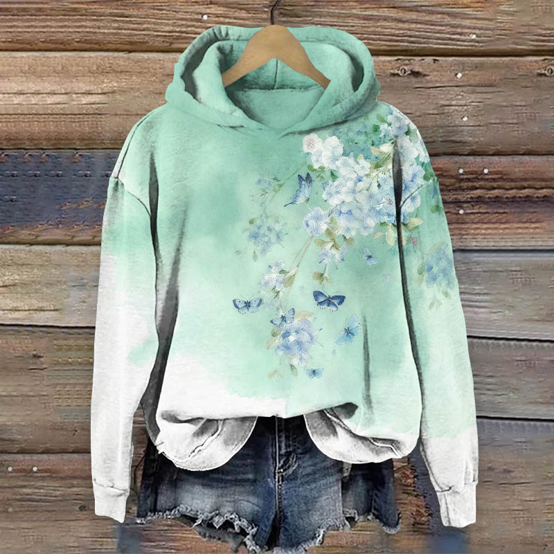 Watercolor Pattern With Blue Hydrangeas And Butterflies Art Print Long Sleeve Hoodie - Green - US44-46(8XL) - image 1