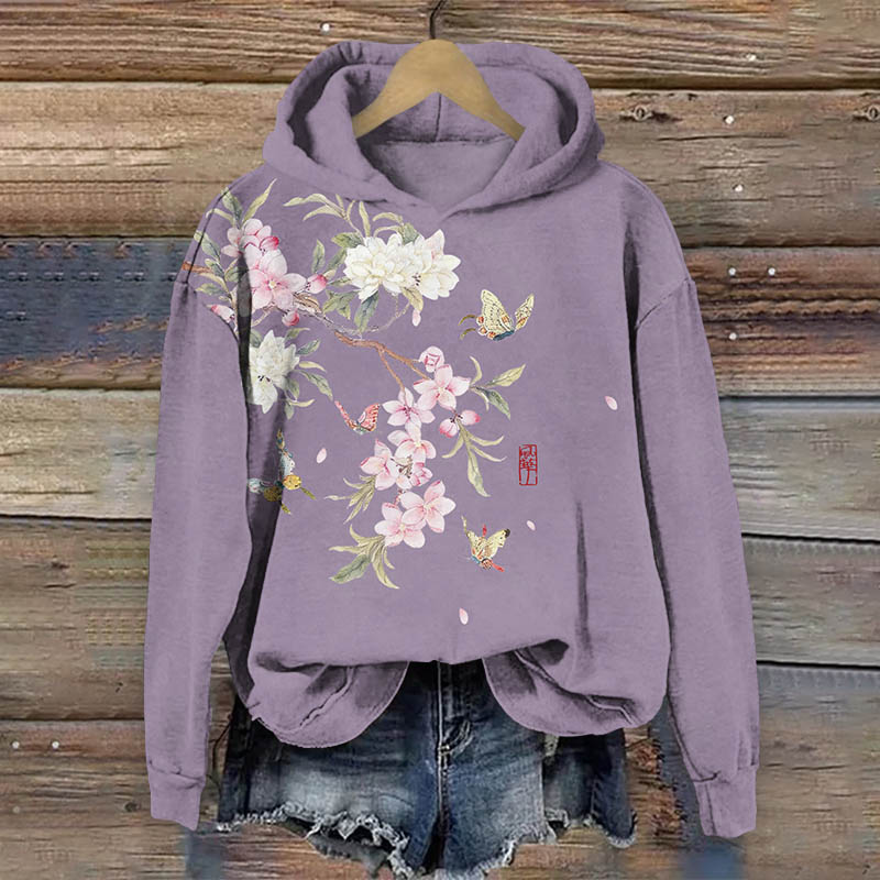 Japanese Vintage Peach Blossoms Art Print Long Sleeve Hoodie - Purple - US44-46(8XL) - image 2