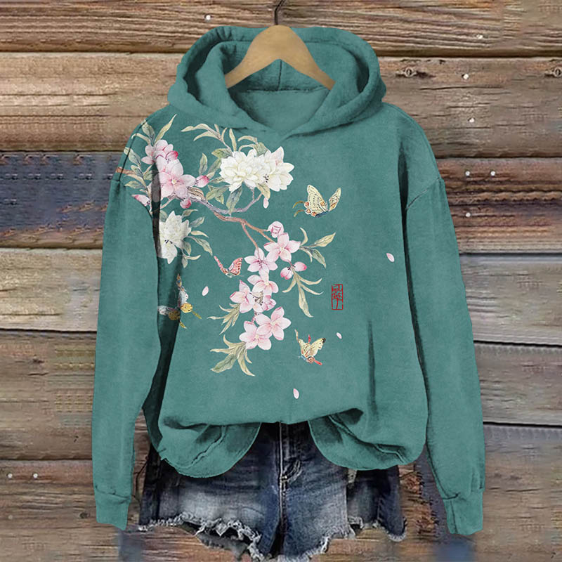 Japanese Vintage Peach Blossoms Art Print Long Sleeve Hoodie - Green - US44-46(8XL) - image 1