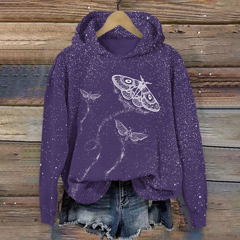 Retro Moth In Starry Sky Print Long Sleeve Hoodie - Purple - US44-46(8XL) - image 2