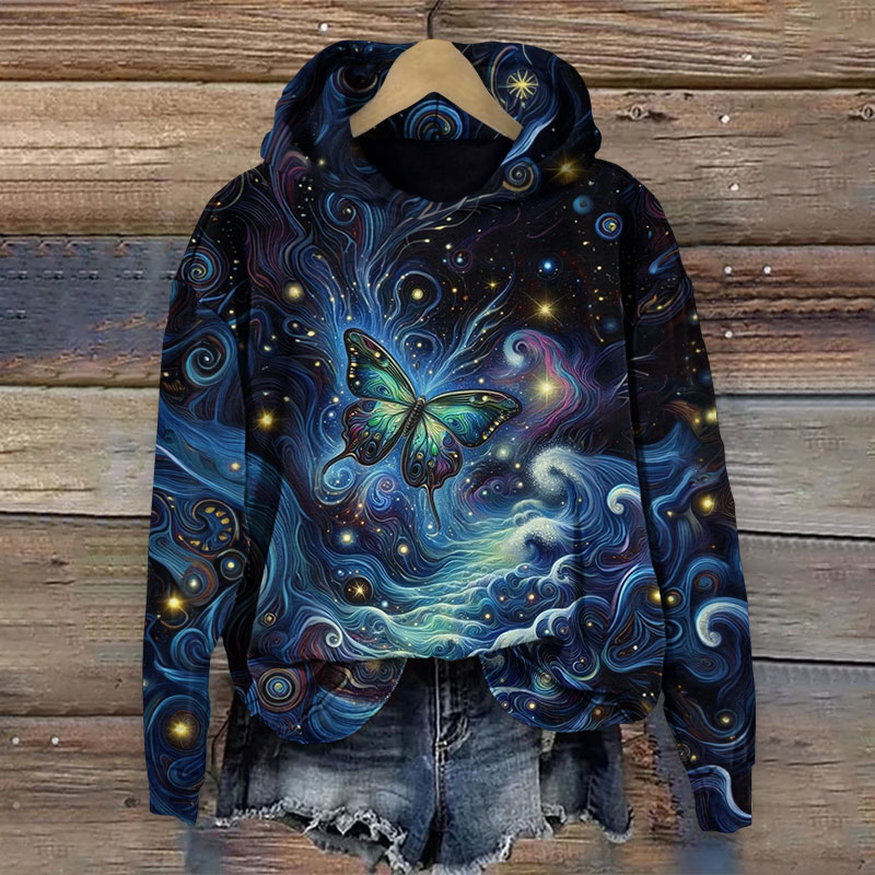 Oil Painting Starry Sky Butterfly Pattern Print Long Sleeve Hoodie - Blue - US44-46(8XL) - image 1