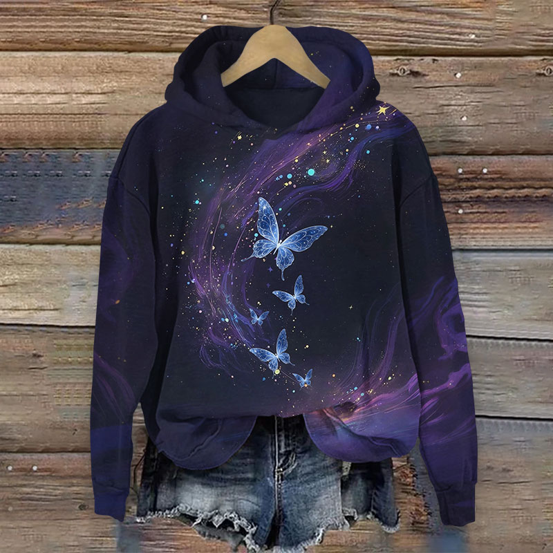 Purple Galaxy Print Butterfly Graphic Long Sleeve Hoodie - Purple - US44-46(8XL) - image 1
