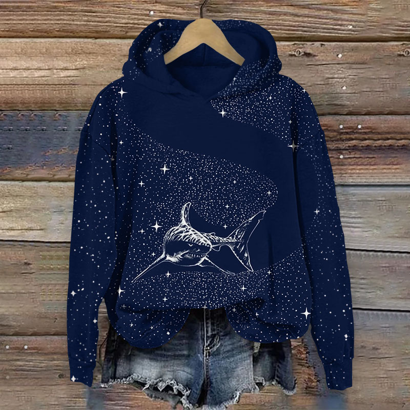 Vintage Starry Shark Art Print Long Sleeve Hoodie - Dark Blue - US44-46(8XL) - image 1