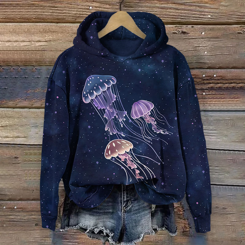 Lovely Cartoon Jellyfish Starry Art Print Long Sleeve Hoodie - Blue - US44-46(8XL) - image 1