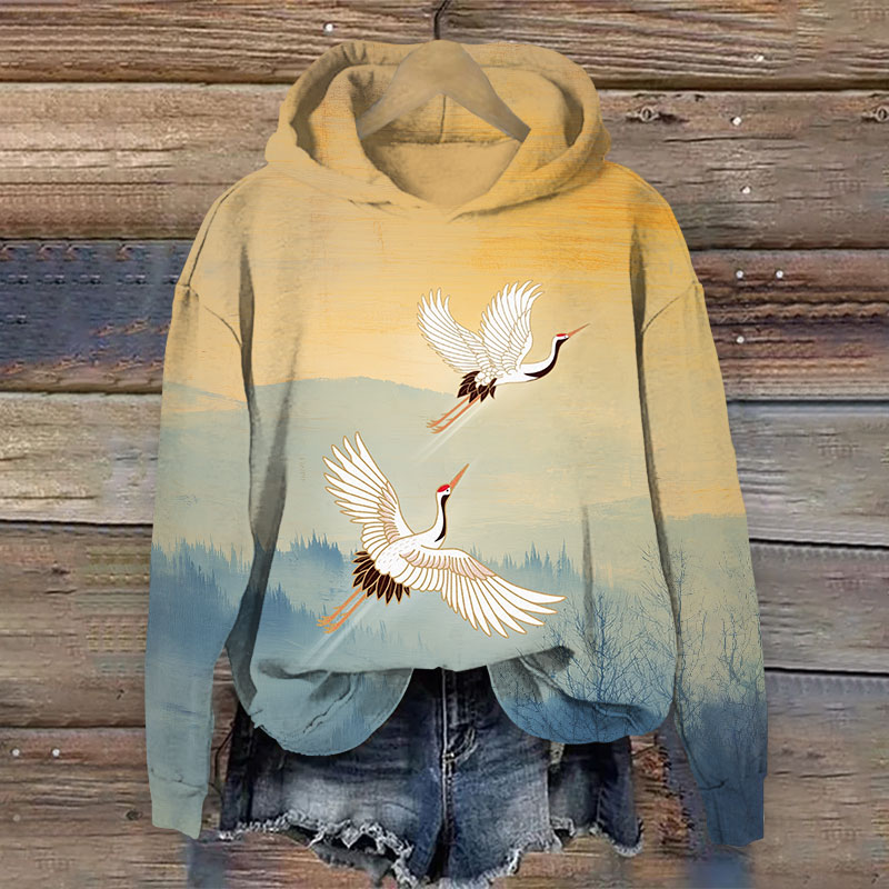 Japanese Contrast Color Sunset Cranes Art Print Long Sleeve Hoodie - Yellow - US44-46(8XL) - image 1