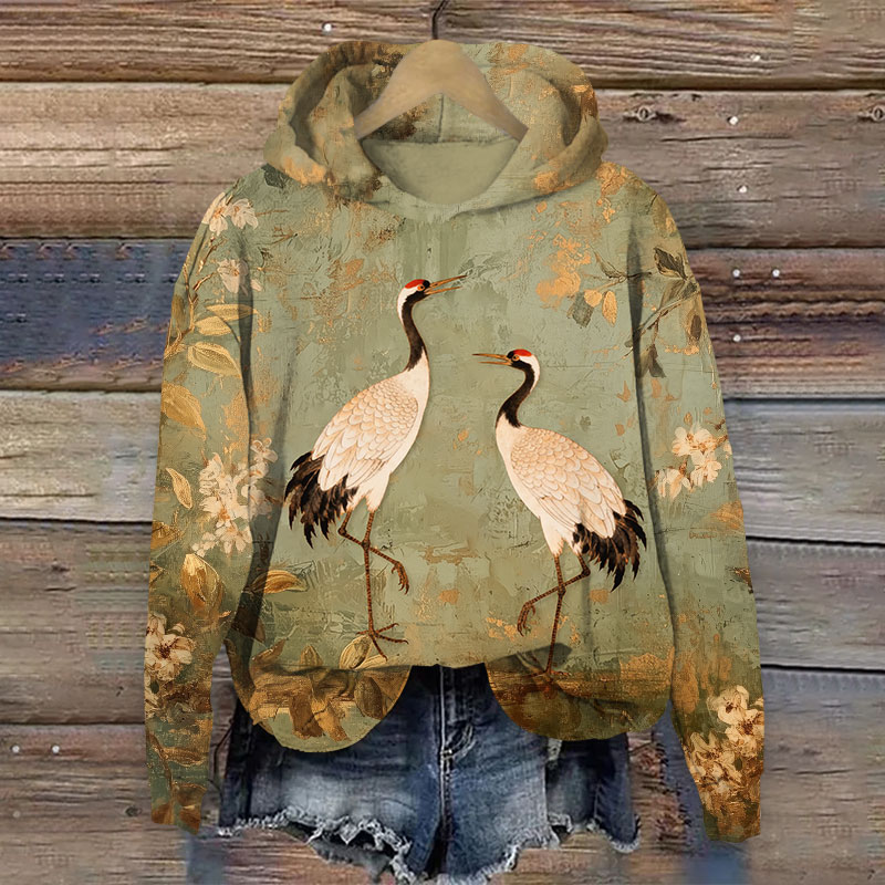 Vintage Oil Painting Floral White Cranes Art Print Long Sleeve Hoodie - Green - US44-46(8XL) - image 1