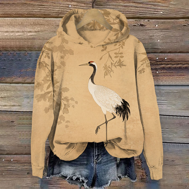 Retro Elegant White Crane Art Print Long Sleeve Hoodie - Khaki - US44-46(8XL) - image 1