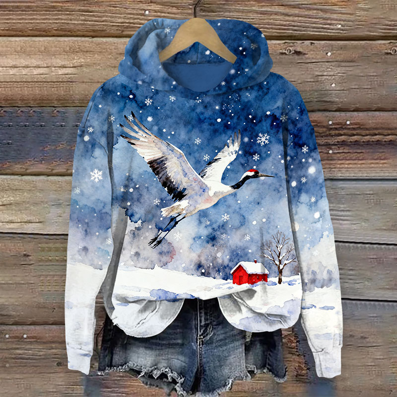 Watercolor Winter Snowy White Crane Art Print Long Sleeve Hoodie - Blue - US44-46(8XL) - image 1