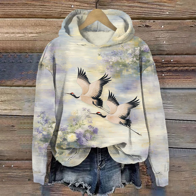 Japanese White Crane Flying Across Purple Rose Art Print Long Sleeve Hoodie - Purple - US44-46(8XL) - image 1