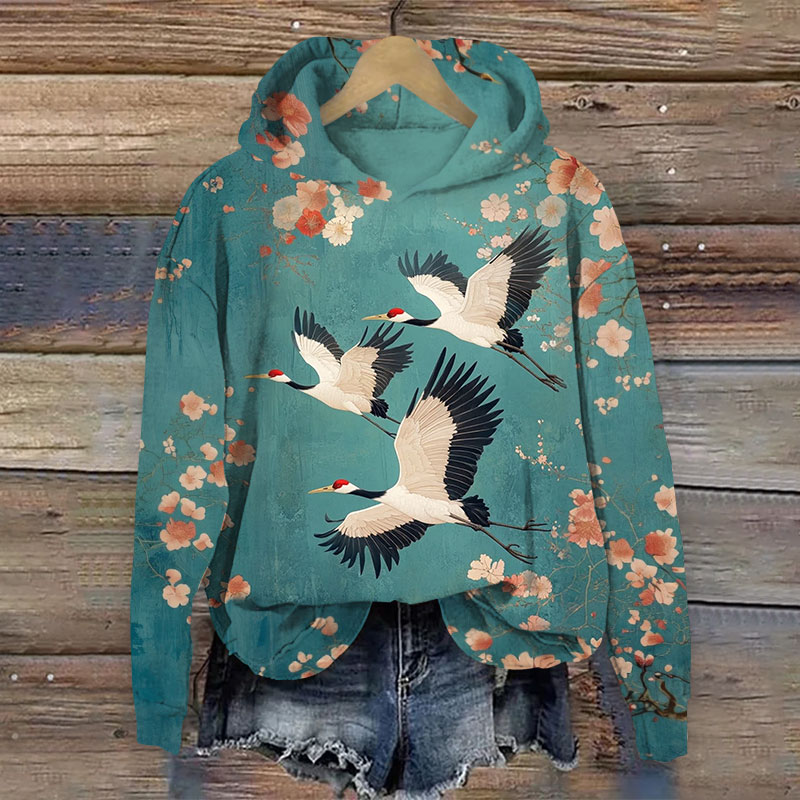 Japanese Retro Sakura & White Cranes Art Print Long Sleeve Hoodie - Blue - US44-46(8XL) - image 1