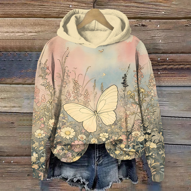 Vintage Butterfly In Daisy Blossom Art Print Long Sleeve Hoodie - Apricot - US44-46(8XL) - image 1