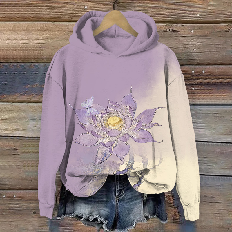 Romantic Ombre Purple Lotus Blossom Art Print Long Sleeve Hoodie - Purple - US44-46(8XL) - image 1