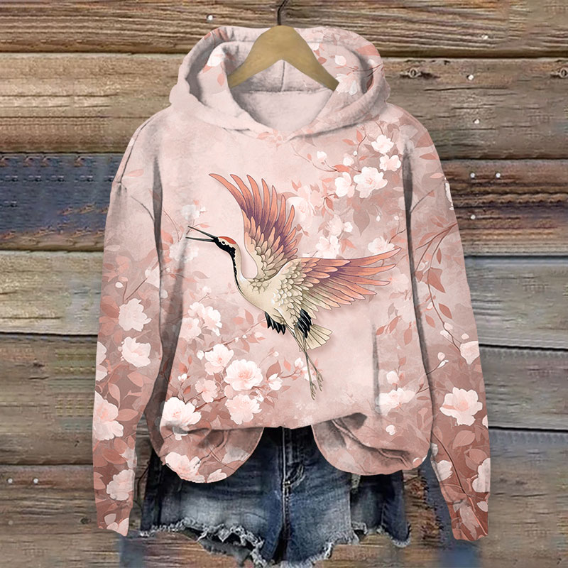 Lovely Pink Rose Blossom & Crane Art Print Long Sleeve Hoodie - Pink - US44-46(8XL) - image 1