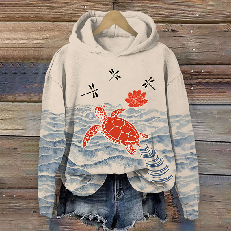 Japanese Vintage Sea Turtle & Lotus Art Print Long Sleeve Hoodie - Khaki - US44-46(8XL) - image 1