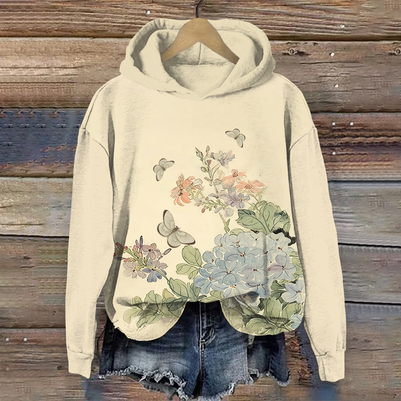 Vintage Butterfly & Flower Art Print Long Sleeve Hoodie - Apricot - US44-46(8XL) - image 1