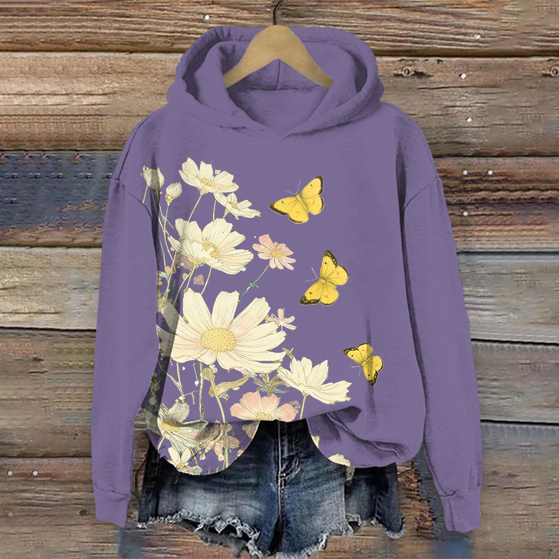 Lovely Yellow Butterfly & Daisy Art Print Long Sleeve Hoodie - Purple - US44-46(8XL) - image 2
