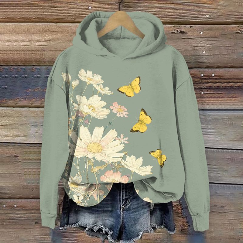 Lovely Yellow Butterfly & Daisy Art Print Long Sleeve Hoodie - Green - US44-46(8XL) - image 1