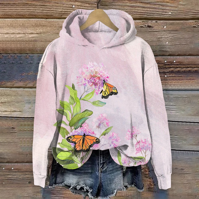 Oil Painting Vivid Butterfly Absorbing Nectar From Blossoms Art Print Long Sleeve Hoodie - Purple - US44-46(8XL) - image 1