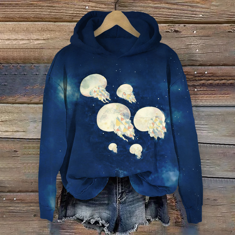 Starry Sky Cute Jellyfish Art Print Long Sleeve Hoodie - Navy Blue - US44-46(8XL) - image 1