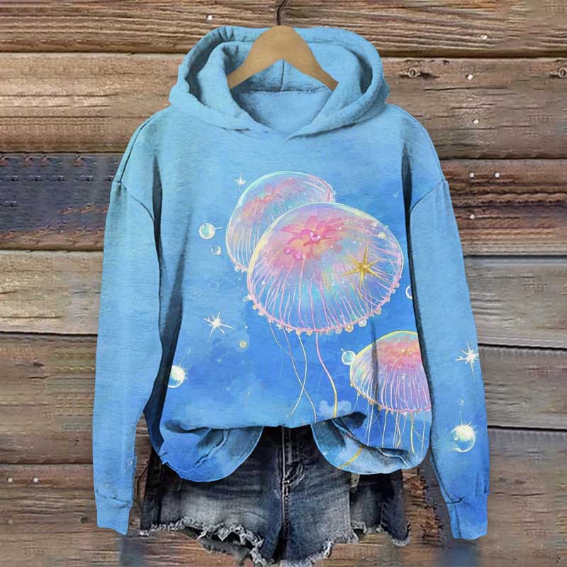 Fantasy Abstract Jellyfish Art Print Long Sleeve Hoodie - Blue - US44-46(8XL) - image 1