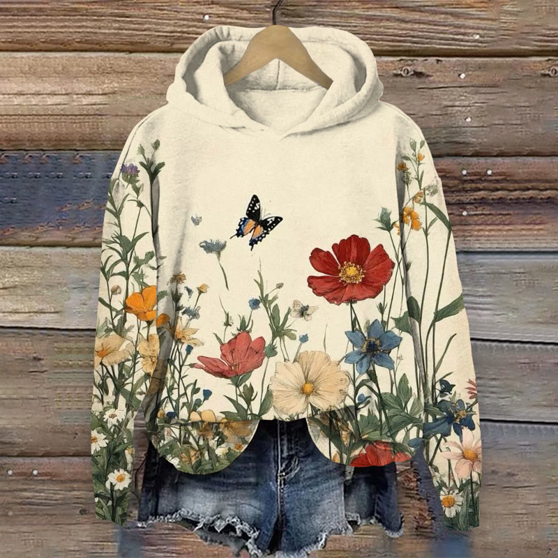 Vintage Floral Art Print Print Long Sleeve Hoodie - Apricot - US44-46(8XL) - image 1