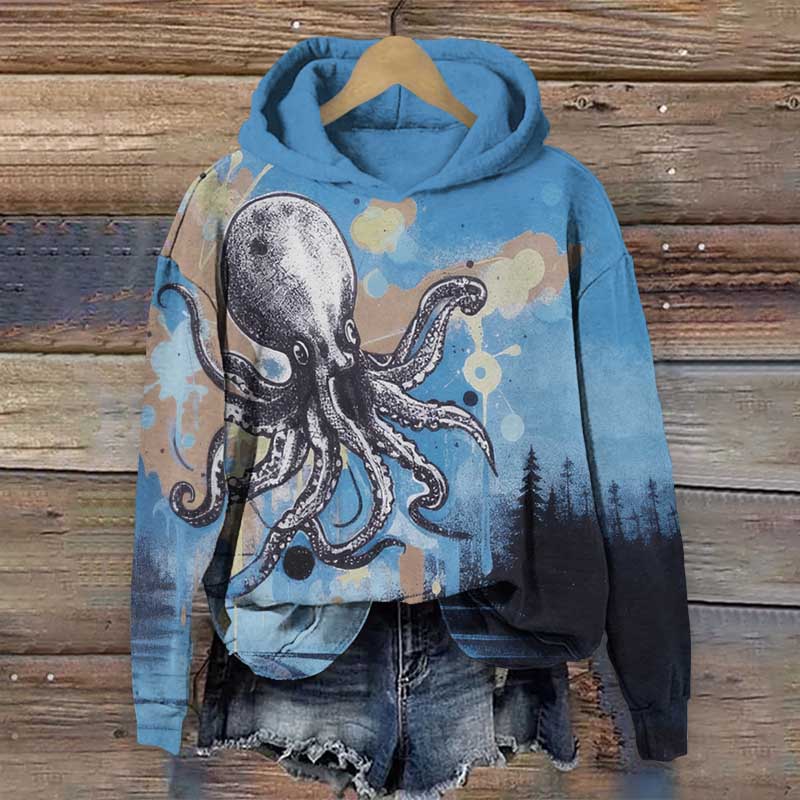 Retro Ink Watercolor Octopus Art Print Long Sleeve Hoodie - Blue - US44-46(8XL) - image 2