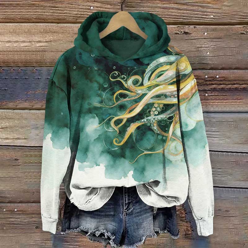 Vintage Tie-dye Colorful Octopus Tentacles Art Print Long Sleeve Hoodie - Green - US44-46(8XL) - image 2
