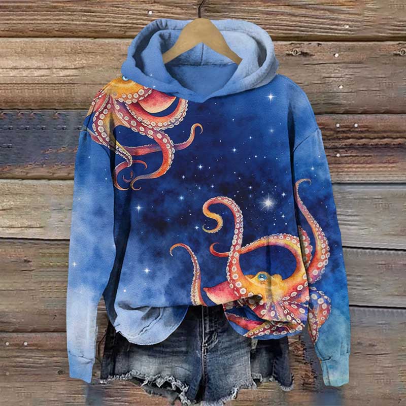 Octopus Under Ombre Starry Sky Art Print Long Sleeve Hoodie - Blue - US44-46(8XL) - image 1