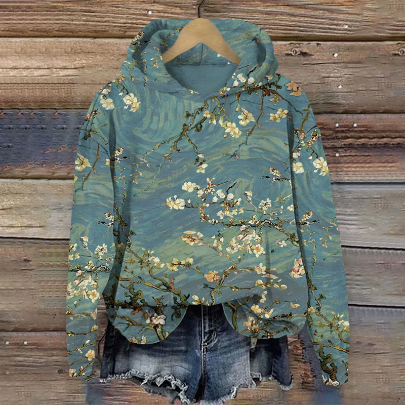 Vintage Floral Art Print Print Long Sleeve Hoodie - Green - US44-46(8XL) - image 1