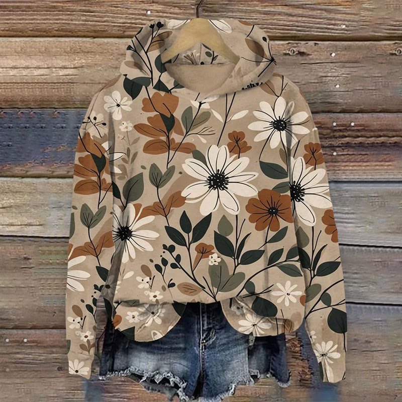 Vintage Floral Art Print Long Sleeve Hoodie - Coffee - US44-46(8XL) - image 1