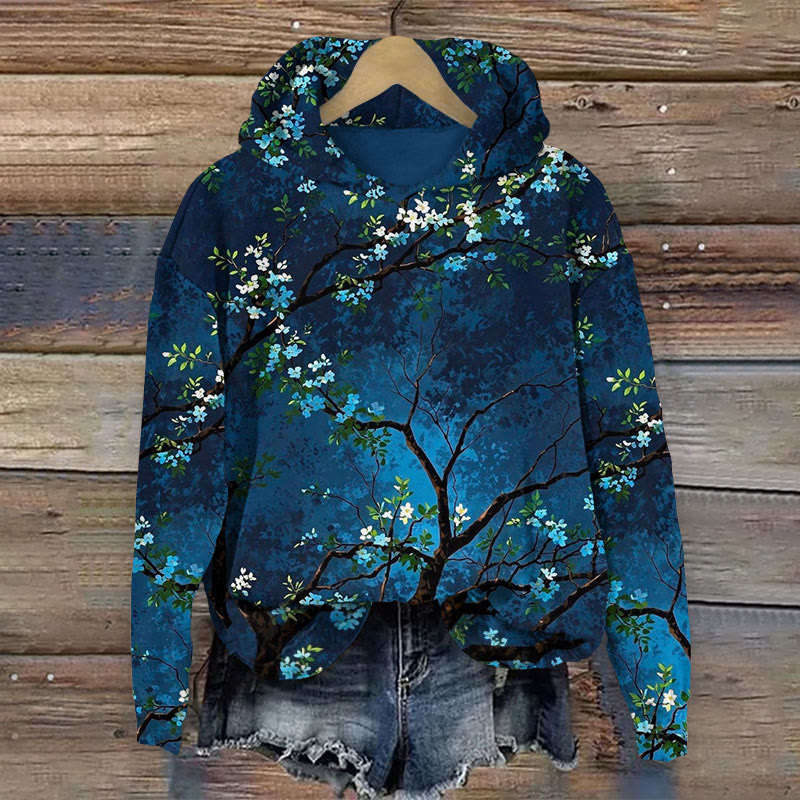 Vintage Starry Sky And Floral Art Print Long Sleeve Hoodie - Dark Blue - US44-46(8XL) - image 1
