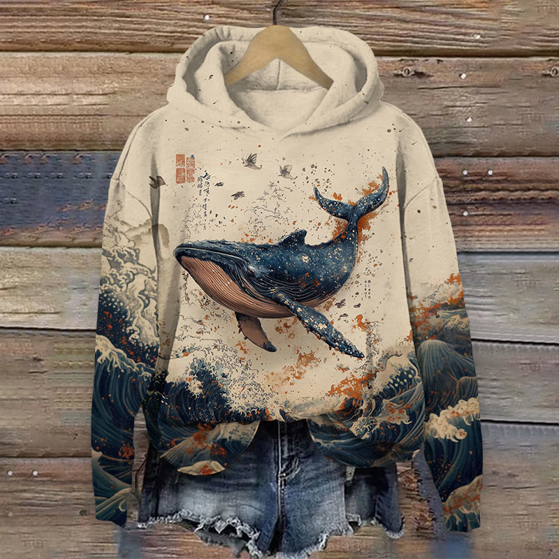 Retro Wave Whale Print  Long Sleeve Hoodie - Apricot - US44-46(8XL) - image 1