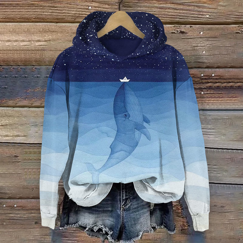 Ocean Whale Art Print  Long Sleeve Hoodie - Blue - US44-46(8XL) - image 1