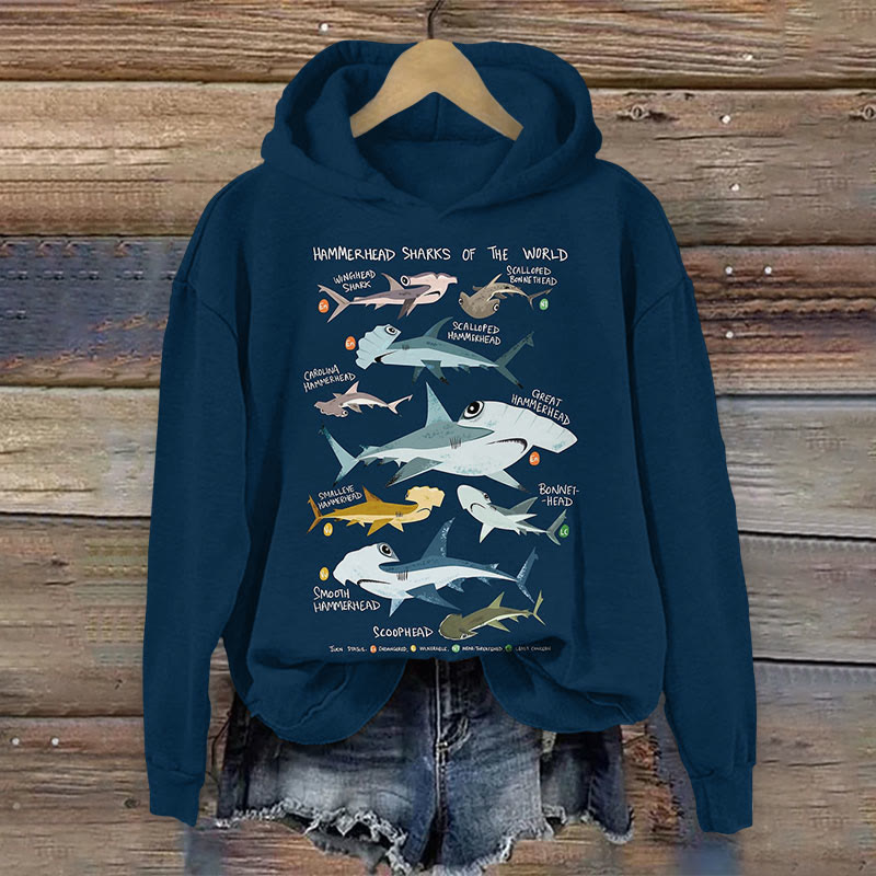 Fun Shark Letter Print  Long Sleeve Hoodie - Dark Blue - US44-46(8XL) - image 1