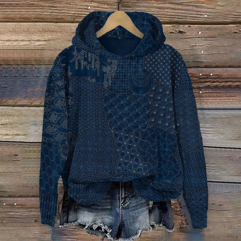 Japanese Traditional Embroidery Patterns  Print Long Sleeve Hoodie - Dark Blue - US44-46(8XL) - image 1