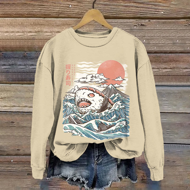 Japanese Retro Ocean Wave Shark Pattern Print Long Sleeve Sweatshirt - Apricot - US16-18(2XL) - image 1