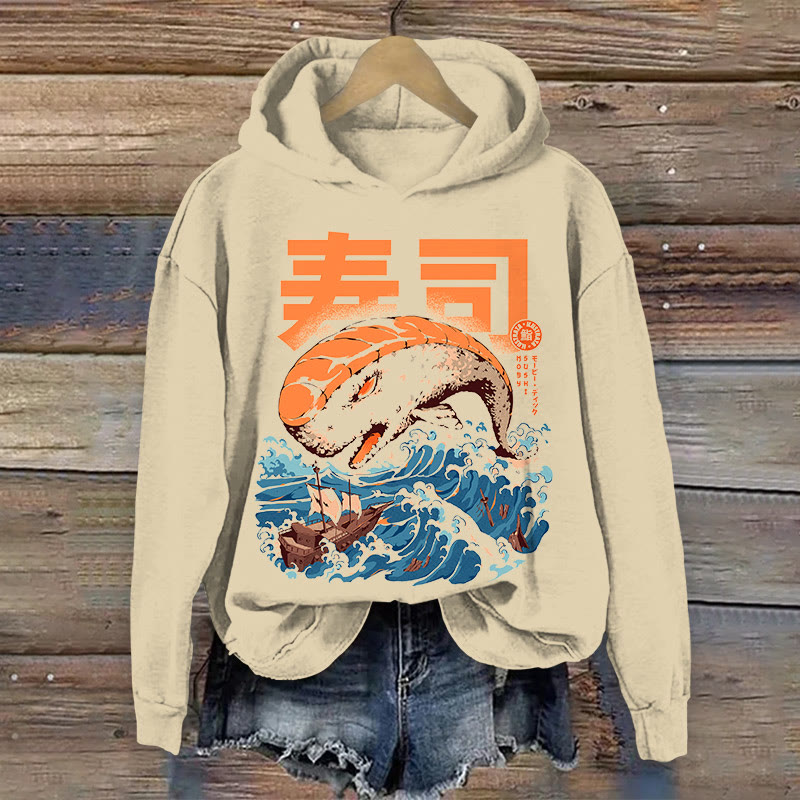 Japanese Retro Ocean Waves And Whale Print Long Sleeve Hoodie - Apricot - US16-18(2XL) - image 1