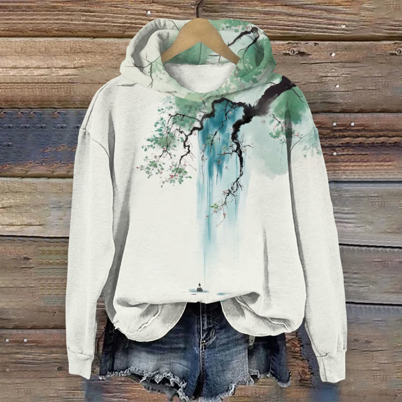 Retro Japanese Landscape Gradient Art Pattern Print Long Sleeve Hoodie - White - US44-46(8XL) - image 1