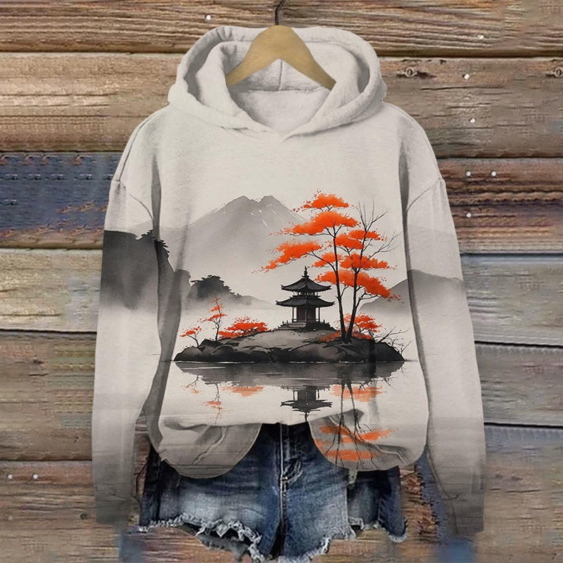 Vintage Mountain Art Print Long Sleeve Hoodie - Grey - US44-46(8XL) - image 1