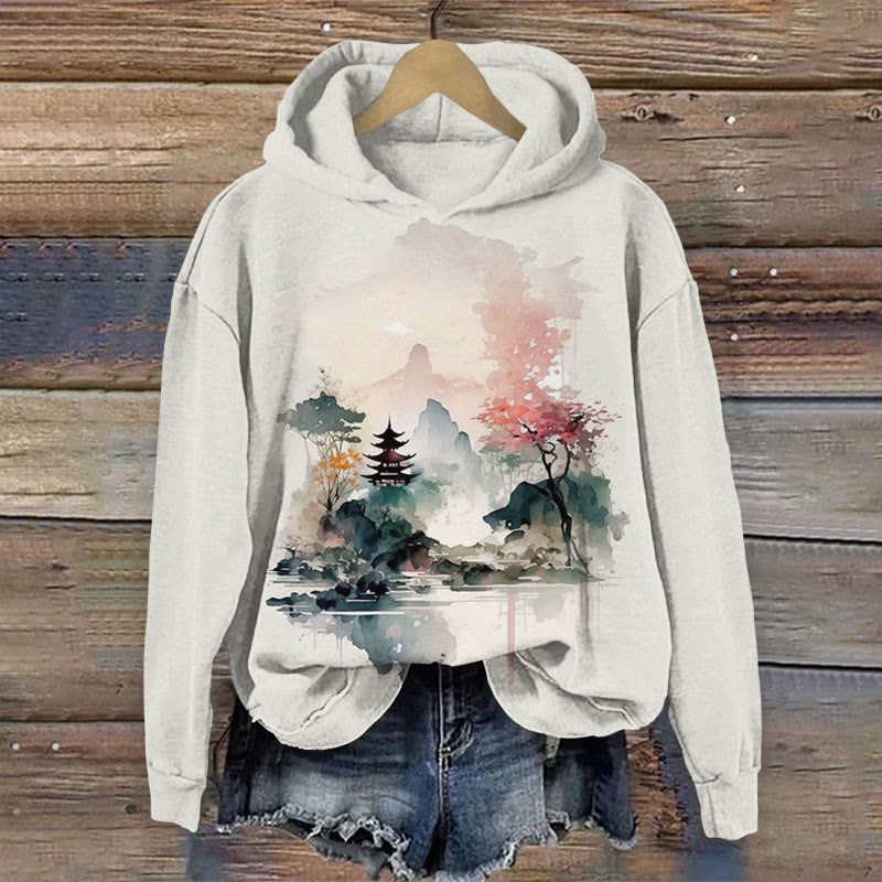 Colorful Ink Mountain Art Print Long Sleeve Hoodie - Light Gray - US44-46(8XL) - image 1