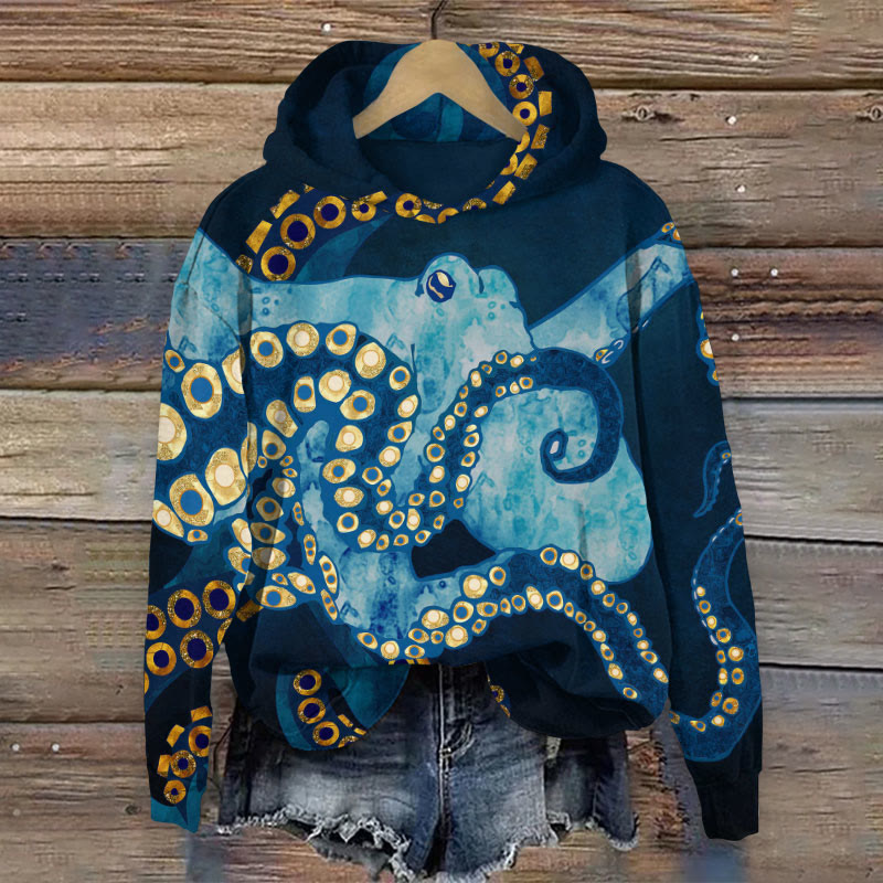 Ocean World Underwater Octopus Art Pattern Print Long Sleeve Hoodie - Dark Blue - US44-46(8XL) - image 1