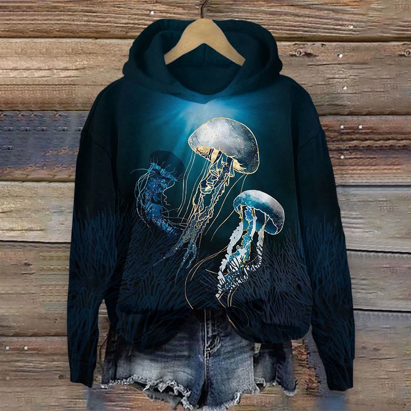 Ocean World Underwater Luminous Jellyfish Print Long Sleeve Hoodie - Dark Blue - US44-46(8XL) - image 1