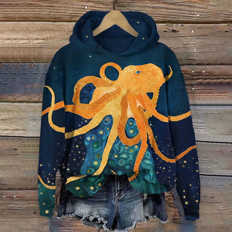 Ocean World Underwater Octopus  Print Long Sleeve Hoodie - Dark Blue - US44-46(8XL) - image 1