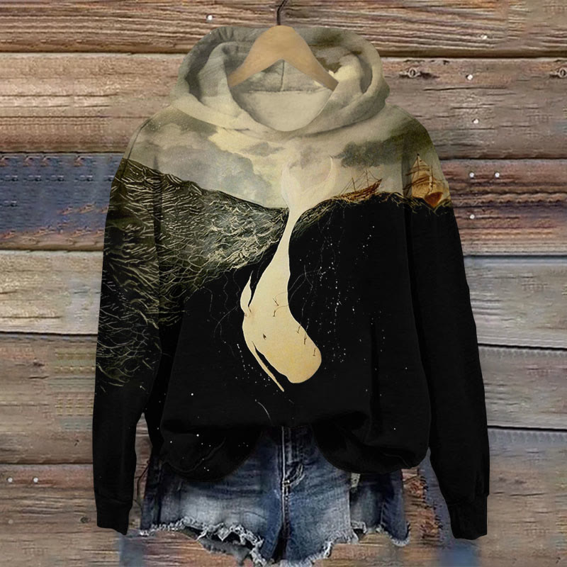 Retro Colorblock Underwater Whale Pattern Print Long Sleeve Hoodie - Black - US44-46(8XL) - image 1