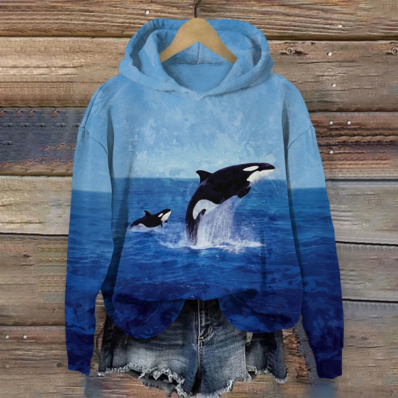Ocean Jumping Dolphin  Print Long Sleeve Hoodie - Blue - US44-46(8XL) - image 1