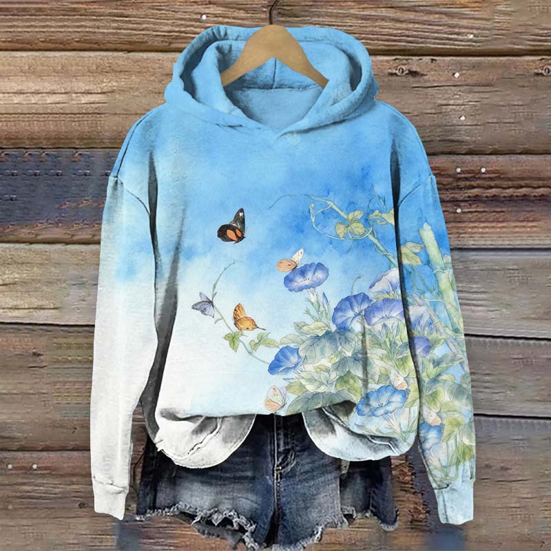 Vivid Blue Morning Glory & Butterfly Art Print Long Sleeve Hoodie - Blue - US44-46(8XL) - image 2