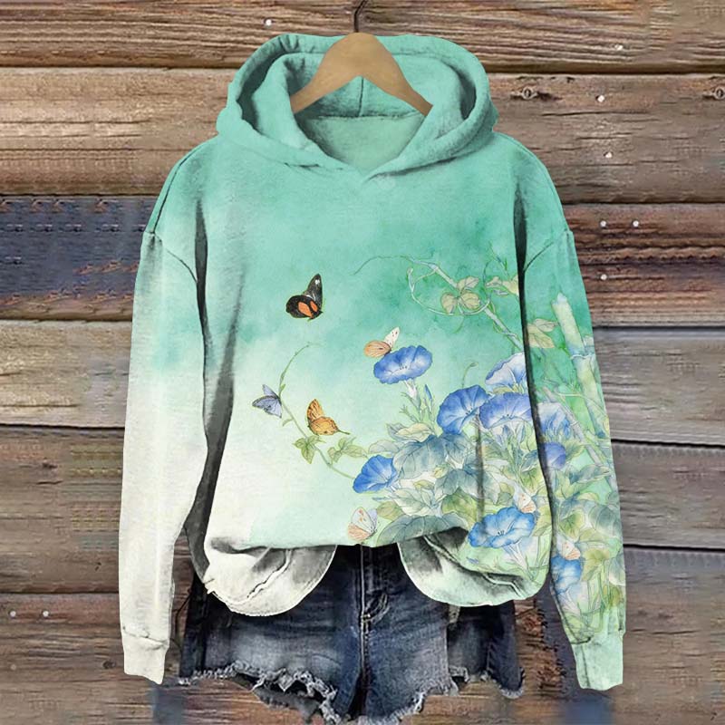 Vivid Blue Morning Glory & Butterfly Art Print Long Sleeve Hoodie - Green - US44-46(8XL) - image 1