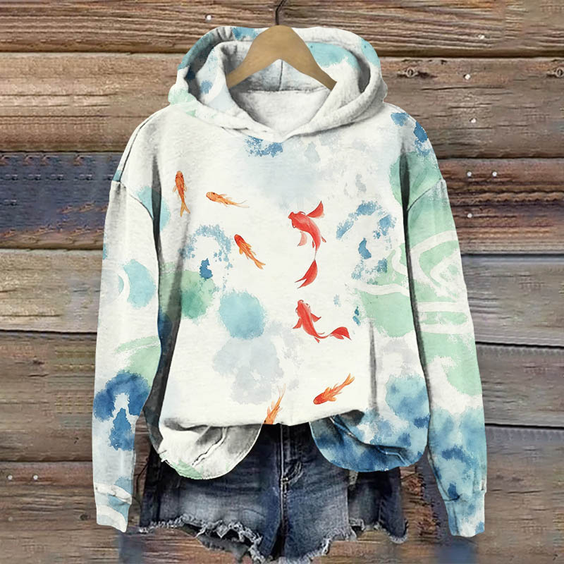 Vintage Tie-dye Watercolor Goldfish Swimming In The Pond Art Print Long Sleeve Hoodie - Blue - US44-46(8XL) - image 1