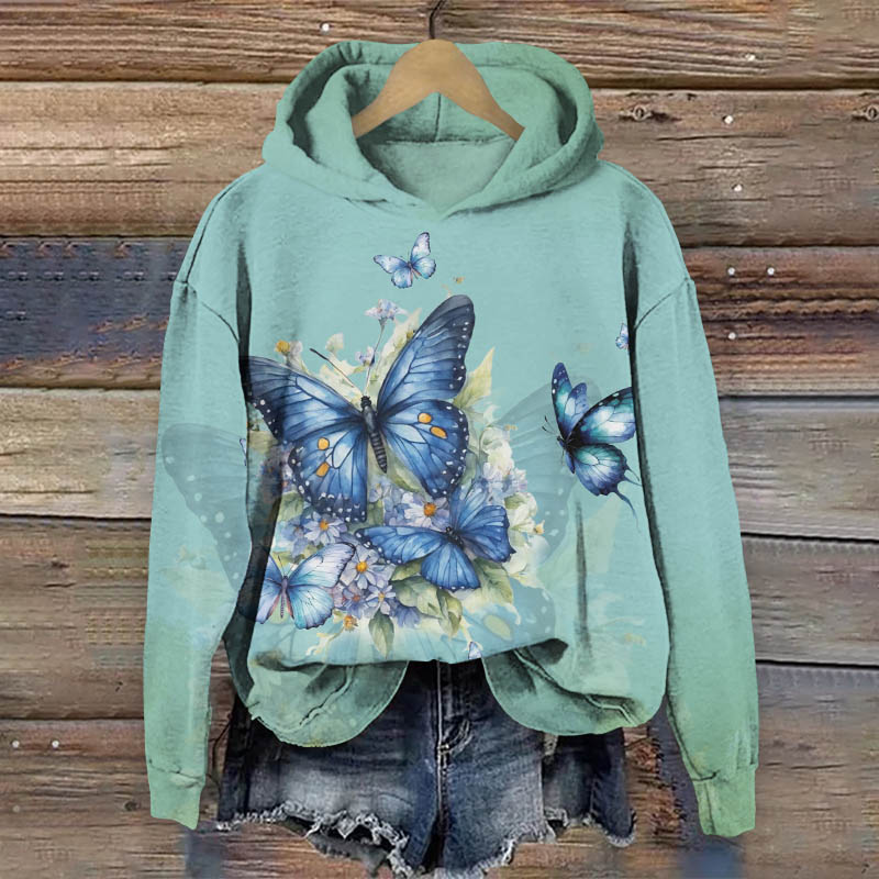 Vintage Butterfly Flying Around Daisy Blossom Art Print Long Sleeve Hoodie - Green - US44-46(8XL) - image 2