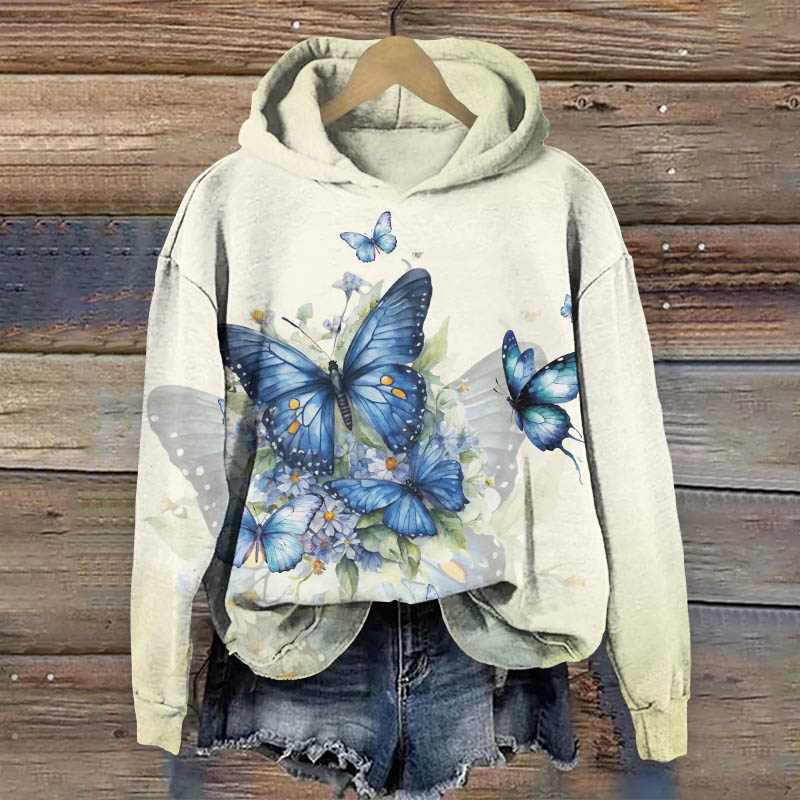 Vintage Butterfly Flying Around Daisy Blossom Art Print Long Sleeve Hoodie - Beige - US44-46(8XL) - image 1